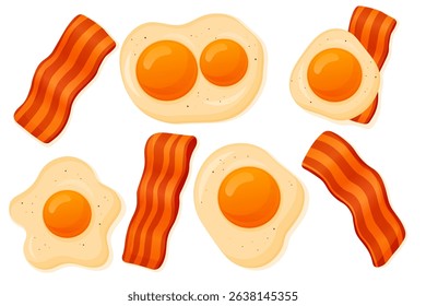 Vector cartoon image of juicy fried eggs and bacon. Element for your design. Food, breakfast and snack concept