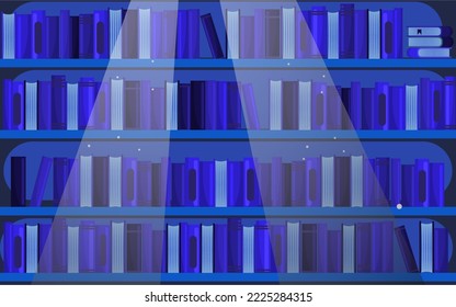 Vector cartoon image of a library bookcase or bookstore at night. Interior design for the home and for the children's room. The concept of education and study