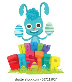 Vector cartoon image of a light blue Easter bunny standing behind colorful letters "Happy Easter", Easter eggs with two colorful Easter eggs in paws on a light background. Easter. Vector illustration.