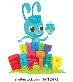 Vector cartoon image of a light blue Easter bunny standing behind colorful letters "Happy Easter" and Easter eggs with colorful Easter egg in his paw on a light background. Easter. Vector illustration