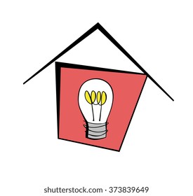 Vector cartoon image of a lightbulb and a house