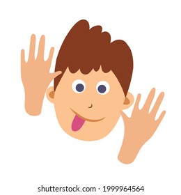 Vector cartoon image of a little boy s face grimacing and showing tongue on white background. Color image in flat style. Positive character. Vector illustration