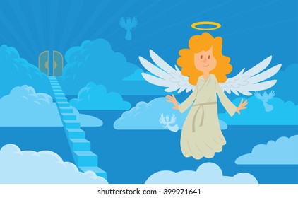 Vector cartoon image little female angel background heaven  Little female angel and blond hair in white chasuble  Blue background and clouds  angels  stairs   gates  Angel and halo