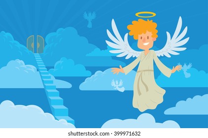 Vector cartoon image little male angel background heaven  Little male angel and blond hair in white chasuble  Blue background and clouds  angels  stairs   gates  Angel and halo 