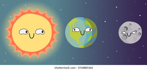 Vector cartoon image. The location of the planets in the solar system. The location of the sun, earth and moon. Creation of a character, a mascot from objects of the solar system.