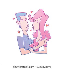 Vector cartoon image of a loving couple, a man with blue hair and a girl with long pink hair kissing on a white background. Valentine's Day. Love, relationship, wedding, holiday. Vector illustration.