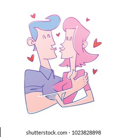 Vector cartoon image of a loving couple, a man with blue hair and a girl with pink hair kissing on a white background. Valentine's Day. Love, relationship, wedding, holiday. Vector illustration.