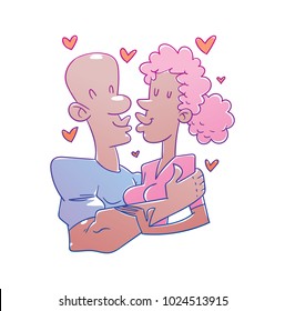 Vector cartoon image of a loving couple, a black bald man and a black girl with pink hair kissing on a white background. Valentine's Day. Love, relationship, wedding, holiday. Vector illustration.