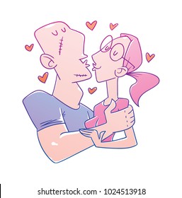 Vector cartoon image of a loving couple, a bald man-bully and a good girl with pink hair kissing on a white background. Valentine's Day. Love, relationship, wedding, holiday. Vector illustration.