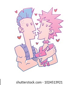Vector cartoon image of a loving couple of punks, man with blue mohawk and girl with pink hair kissing on a white background. Valentine's Day. Love, relationship, wedding, holiday. Vector illustration