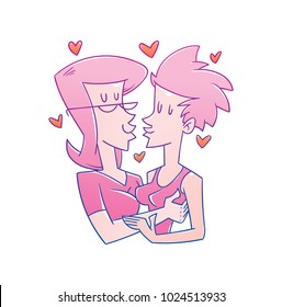 Vector cartoon image of a loving couple of gays, two girls with pink hair kissing on a white background. Valentine's Day. Love, relationship, wedding, holiday. Vector illustration.