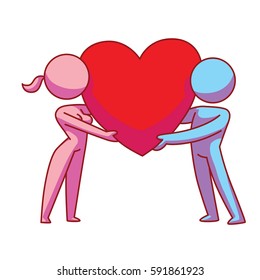 Vector cartoon image of a loving couple: pink woman and blue man standing with a big red heart in their hands on a white background. Love, relationship, date. Vector icon.