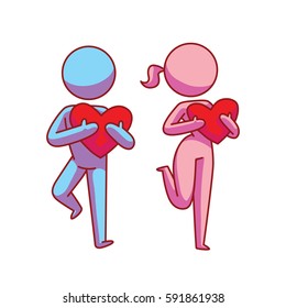 Vector cartoon image of a loving couple: pink woman and blue man standing and holding red hearts in the hands on a white background. Love, relationship, date. Vector icon.