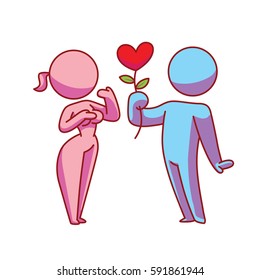Vector cartoon image of a loving couple: pink woman and blue man, with a flower in the form of red heart in his hand standing on a white background. Love, relationship, date. Vector icon.