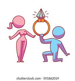 Vector cartoon image of a loving couple: pink woman, blue man standing on one knee and making a marriage proposal with a ring in his hand on a white background. Love, relationship, date. Vector icon.