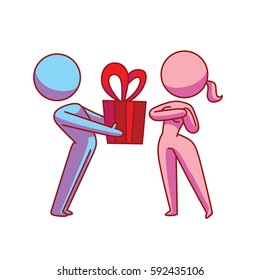 Vector cartoon image of a loving couple: blue man giving a red gift to pink woman standing on a white background. Love, relationship, date. Vector icon.