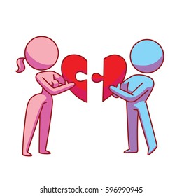 Vector cartoon image of a loving couple: pink woman and blue man standing and joining the halves of a red heart as a puzzle on a white background. Love, relationship, date. Vector icon.