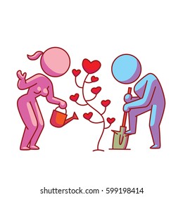 Vector cartoon image of a loving couple: pink woman with watering can and blue man with a shovel planting a tree with hearts on a white background. Love, relationship, date. Vector icon.