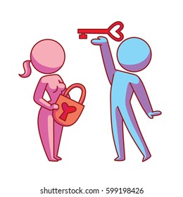 Vector cartoon image of a loving couple: a pink woman with a red lock in her hands and a blue man with a red key in his hand standing on a white background. Love, relationship, date. Vector icon.