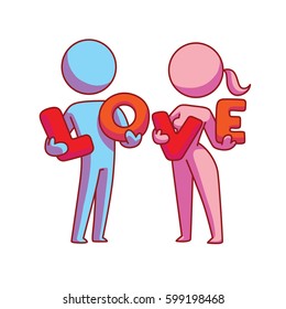 Vector cartoon image of a loving couple: pink woman and blue man standing and holding in their hands red letters "LOVE" on a white background. Love, relationship, date. Vector icon.