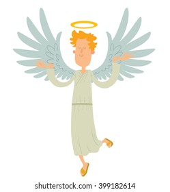 Vector cartoon image of a male angel. Male angel with blond curly hair in a white chasuble. Angel with big white wings and a golden halo over his head. Vector angel with eyes closed and hands raised.