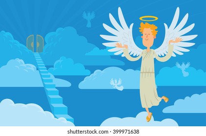 Vector cartoon image male angel background heaven  Angel and blond curly hair in white chasuble  Blue background and clouds  angels  stairs   gates  Angel and halo over his head 