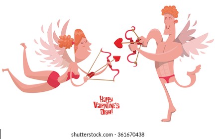 Vector cartoon image of male and female cupids with red hair with white wings in red underwear with red bows and arrows in their hands on a white background. Valentine's Day. Vector illustration.