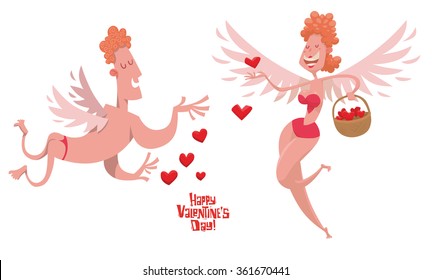 Vector cartoon image of male and female cupids with red hair, white wings in red underwear smiling with brown basket of red heart symbols on a white background. Valentine's Day. Vector illustration.