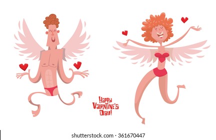 Vector cartoon image of male and female cupids with red hair with white wings in red underwear having fun on a white background with red heart symbols. Valentine's Day. Vector illustration. 