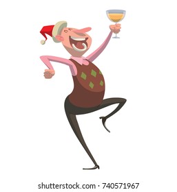 Vector cartoon image of a man in a black trousers and a red Santa's hat, dancing with a glass of champagne in hand and smiling on a white background. Corporate party, Christmas, New Year, office.