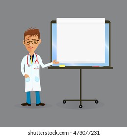 Vector cartoon image of man doctor  in glasses, in white medical coat, blue trousers with stethoscope around his neck, standing and smiling. Funny doctor presenting action. cartoon vector illustration