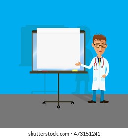Vector cartoon image of man doctor  in glasses, in white medical coat, blue trousers with stethoscope around his neck, standing and smiling. Funny doctor presenting action. cartoon vector illustration