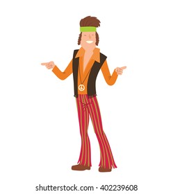 Vector Cartoon Image Of A Man Hippie. Man Hippie With Brown Curly Hair In Red Flared Pants, Orange Shirt And Black Vest. Man With Green Ribbon In Hair Standing And Smiling On White Background. Hippie.