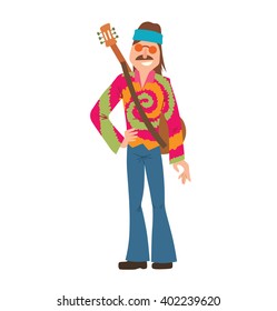 Vector cartoon image of man hippie. Man hippie with brown hair and mustache in blue flared jeans and colorful shirt. Man with blue ribbon in hair and guitar behind his back on white background. Hippie