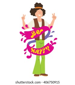 Vector cartoon image of a man hippie. Man hippie with curly black hair in colorful clothes with a pink banner around his. Man with orange ribbon in hair. Inscription "Be happy". Cartoon hippie man.