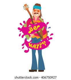 Vector cartoon image of a man hippie. Man hippie with brown hair and mustache in colorful clothes with pink banner around his. Man with buel ribbon in hair. Inscription "Be happy". Cartoon hippie man.