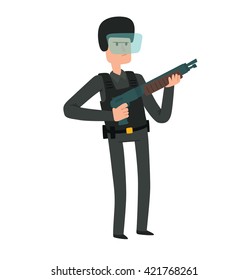 Vector cartoon image of a man police officer in a black police uniform, bulletproof vest, black helmet and with a shotgun in his hands standing on a white background. Vector illustration of police.
