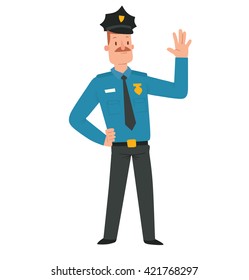 Vector Cartoon Image Of A Man Police Officer With Brown Hair And Mustache In Black-blue Police Uniform, A Black Cap Standing And Smiling On A White Background. Vector Illustration Of Police.