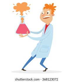 Vector cartoon image of man scientist with red hair in a light blue lab coat and blue pants with a glass bulb with pink chemical in hands on a white background. The science. Vector illustration.