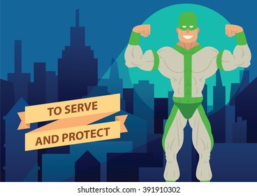 Vector cartoon image of a man superhero. Superhero in a green mask and in a white-green suit. Superhero standing on the background of night city. Banner. Vector illustration of a man superhero.