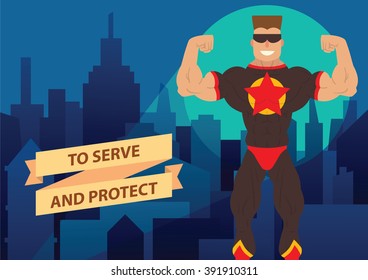 Vector cartoon image of a man superhero. Superhero with brown hair in sunglasses in a black-red suit. Superhero standing on the background of night city. Banner. Vector illustration of a man superhero