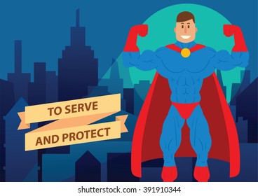 Vector cartoon image of a man superhero. Superhero with brown hair in a blue-red suit and red cloak. Superhero standing on the background of night city. Banner. Vector illustration of a man superhero.
