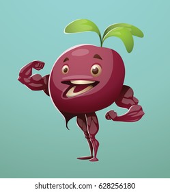 Vector cartoon image of a maroon beetroot standing, showing its muscles and smiling on a light blue background. Healthy food, lifestyle, diet. Positive character. Vector illustration.