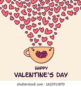 Vector cartoon image. Mascot character mug, cup with a drink from hearts. A stream of hearts into or out of a mug. Greeting card for the holiday, February 14, Valentine's Day. Love, romance, emotions.