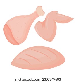 Vector cartoon image of meat products. The concept of farm fresh meat, smoked sausages, etc. Cooking and selling elements for your design.