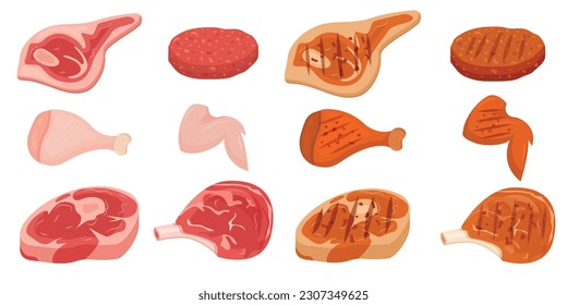 Imagen vectorial de los productos cárnicos. El concepto de carne fresca de granja, salchichas ahumadas, etc. Cocina y venta de elementos para tu diseño.