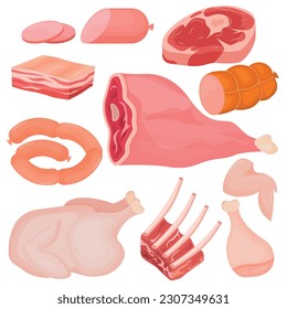 Imagen vectorial de los productos cárnicos. El concepto de carne fresca de granja, salchichas ahumadas, etc. Cocina y venta de elementos para tu diseño.