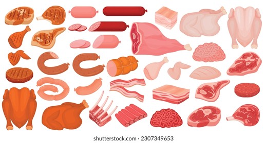 Vector cartoon image of meat products. The concept of farm fresh meat, smoked sausages, etc. Cooking and selling elements for your design.