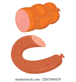 Vector cartoon image of meat products. The concept of farm fresh meat, smoked sausages, etc. Cooking and selling elements for your design.