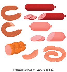 Vector cartoon image of meat products. The concept of farm fresh meat, smoked sausages, etc. Cooking and selling elements for your design.